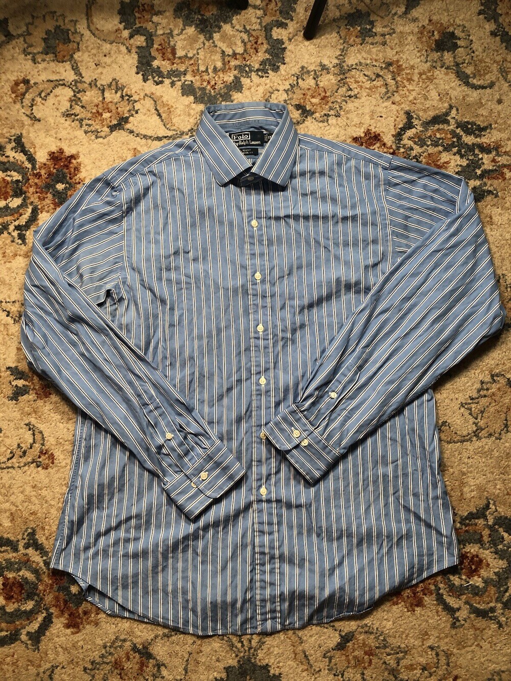 Polo by Ralph Lauren Sz XL 17.5 Regent Classic Fit Poplin Blue Wide Stripe